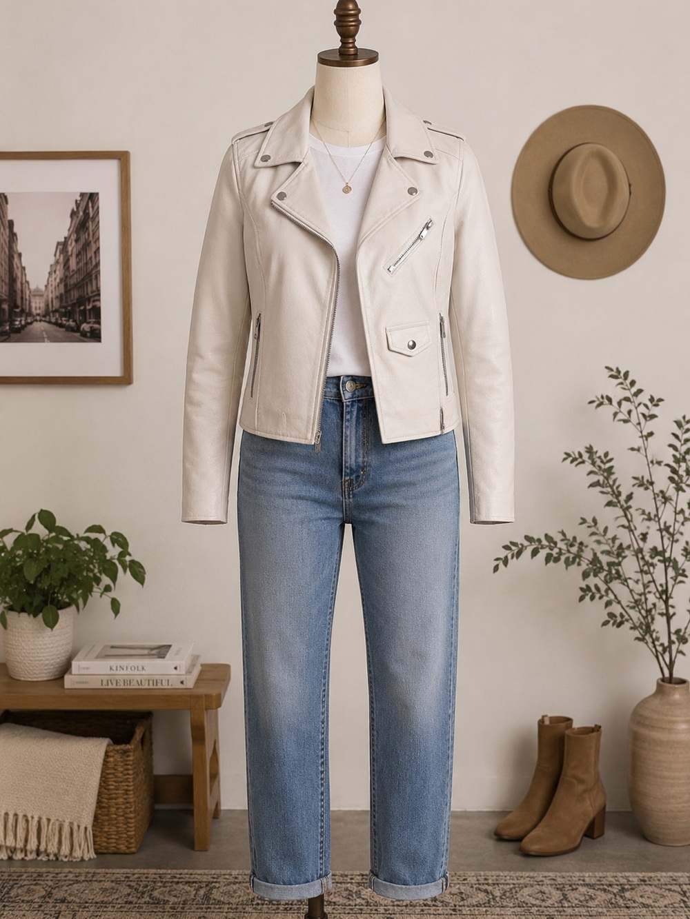 Love Tree Cream Faux Leather Moto Jacket Womens Medium Biker Zip (M)